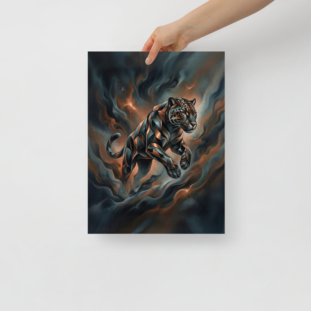 'Phantom Leap' — a Digital art print. A sleek, geometric panther leaping through dark teal and brown smoke in a modern digital art style, ideal for a living room.