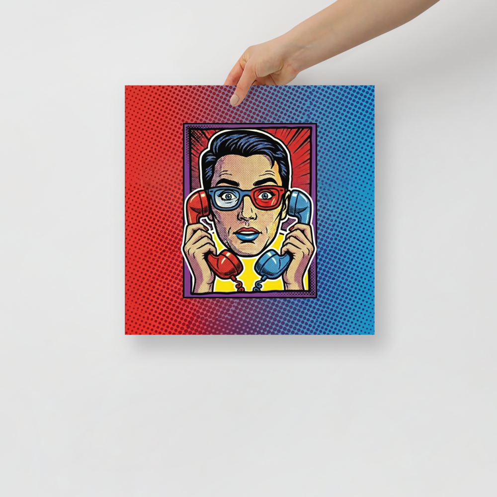'Bipartisan Static' — a Pop art print. A pop art illustration of a confused woman wearing red and blue 3D glasses, holding a red telephone receiver to one ear and a blue one to the other, set against a red and blue halftone gradient, ideal for a Living Room.