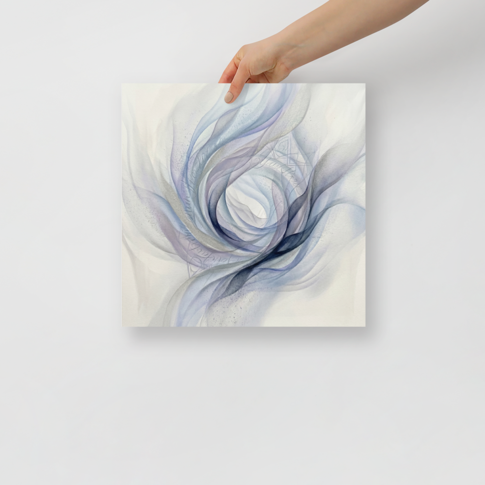 'Ethereal Whispers in the Vortex' — a Abstract art print. An abstract painting featuring swirling smoky ribbons of lavender, grey, and deep blue circling a bright white center, with faint cursive writing and patterns in the background.
