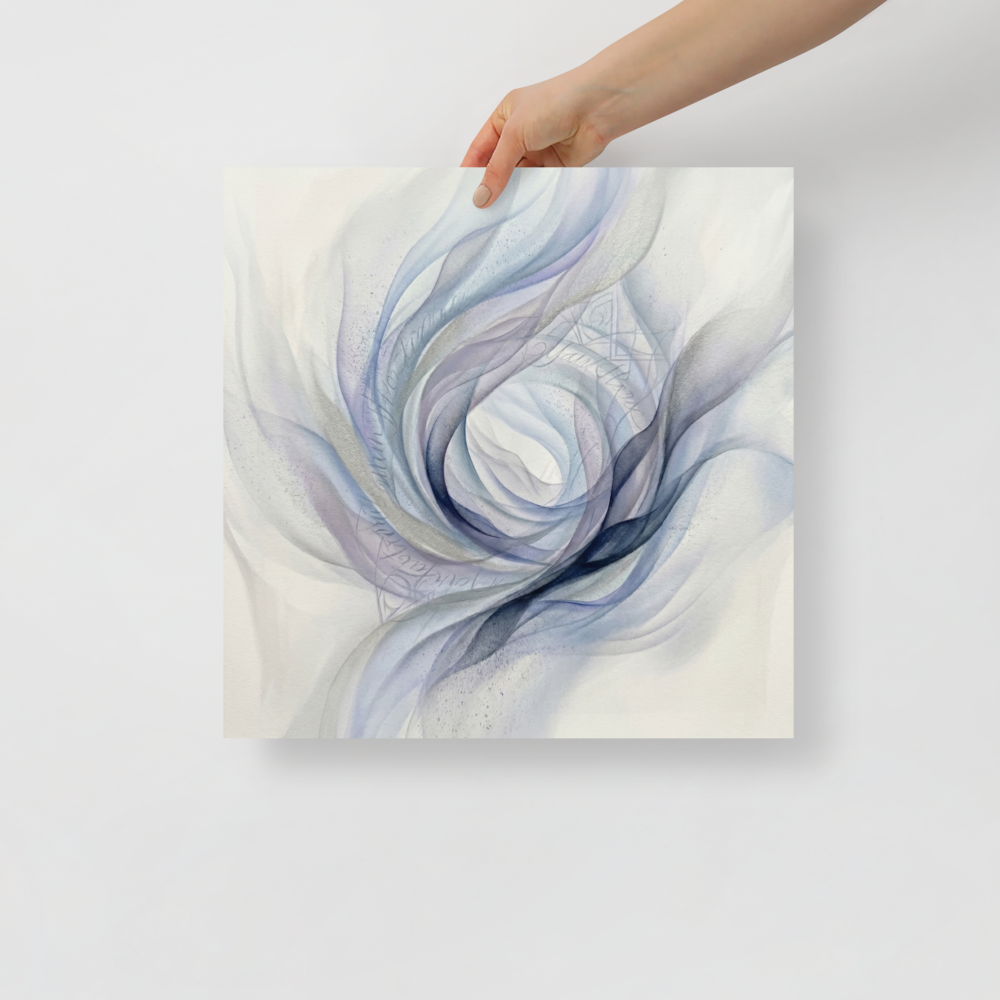 'Ethereal Whispers in the Vortex' — a Abstract art print. An abstract painting featuring swirling smoky ribbons of lavender, grey, and deep blue circling a bright white center, with faint cursive writing and patterns in the background.