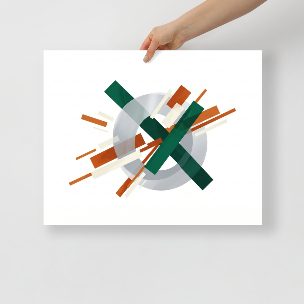 'Intersecting Perspectives' — a Suprematism print. An abstract painting of intersecting green and brown rectangular bars laid over a translucent gray circle, ideal for a modern Office.