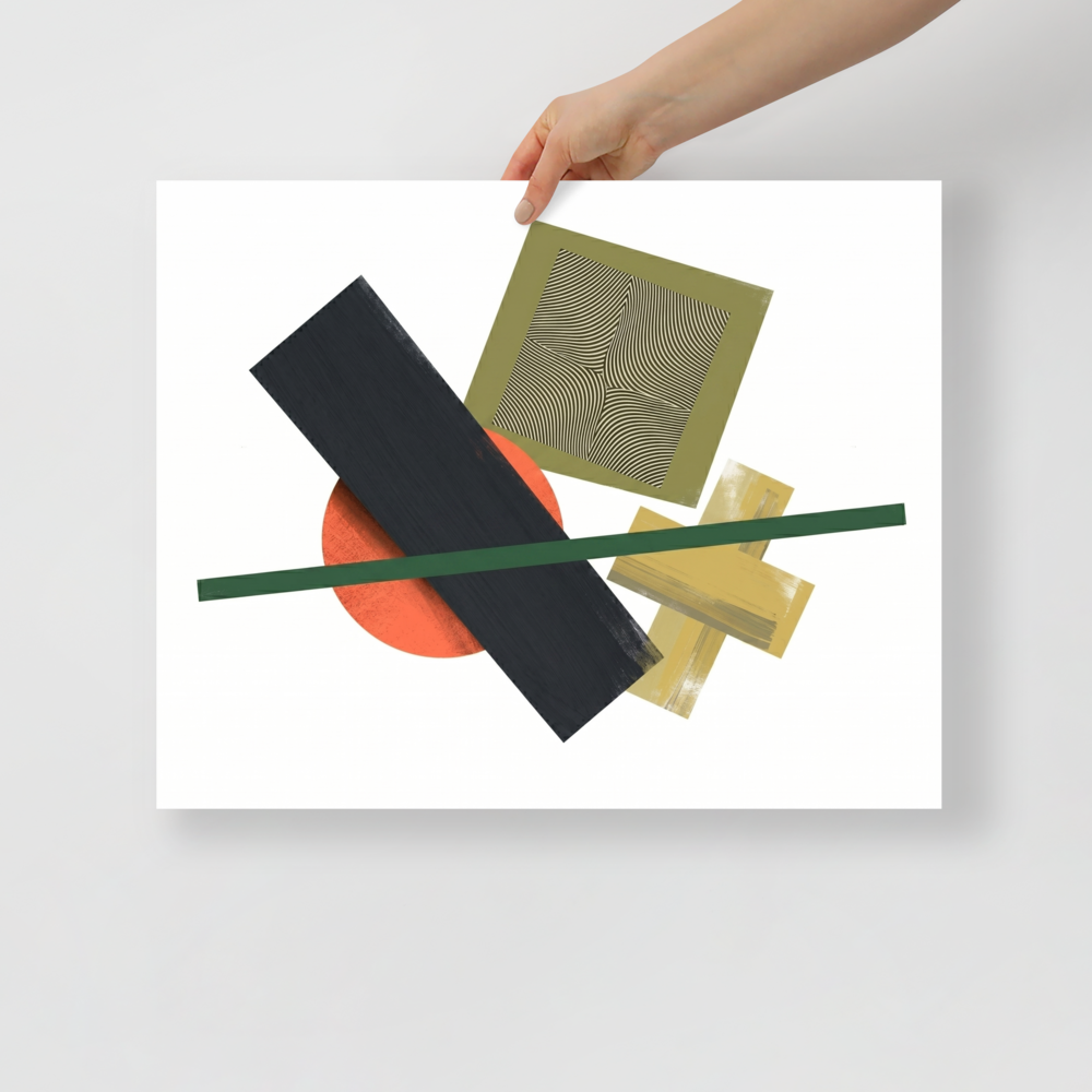 'The Geometry of Sound' — a Suprematism print. An abstract painting featuring a black rectangle, an orange circle, a green diagonal line, and a square with wavy lines, a unique focal point for a Studio.