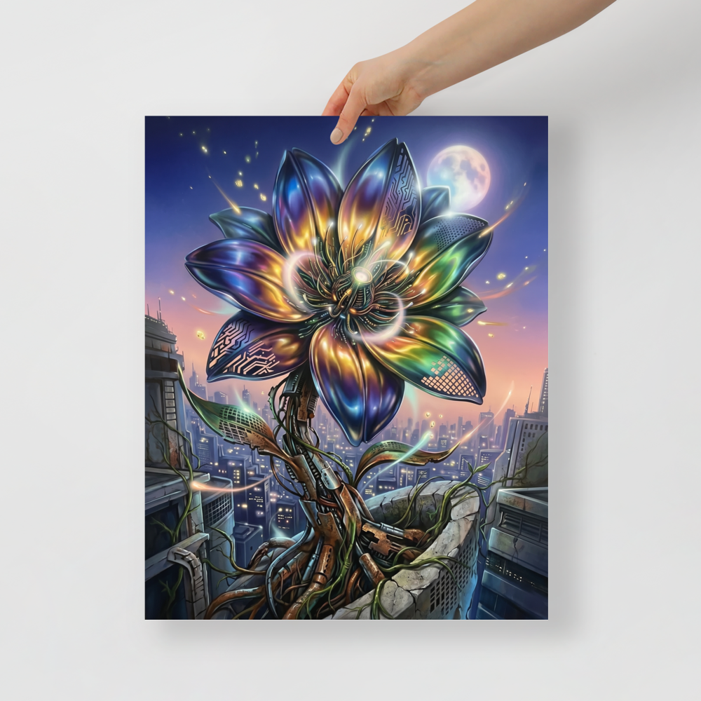 'Cybernetic Bloom' — a Digital art print. A large, glowing cybernetic flower with metallic petals and circuitry blooming out of concrete ruins in a futuristic city, perfect for a Game Room.