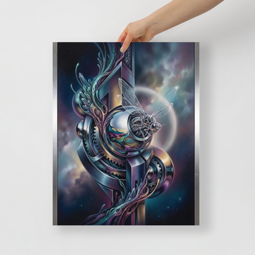 'The Clockwork Aviator' — a Surrealism print. A detailed mechanical insect with translucent wings perched on complex metallic gears floating in a colorful starry sky, an ideal piece for an Office.