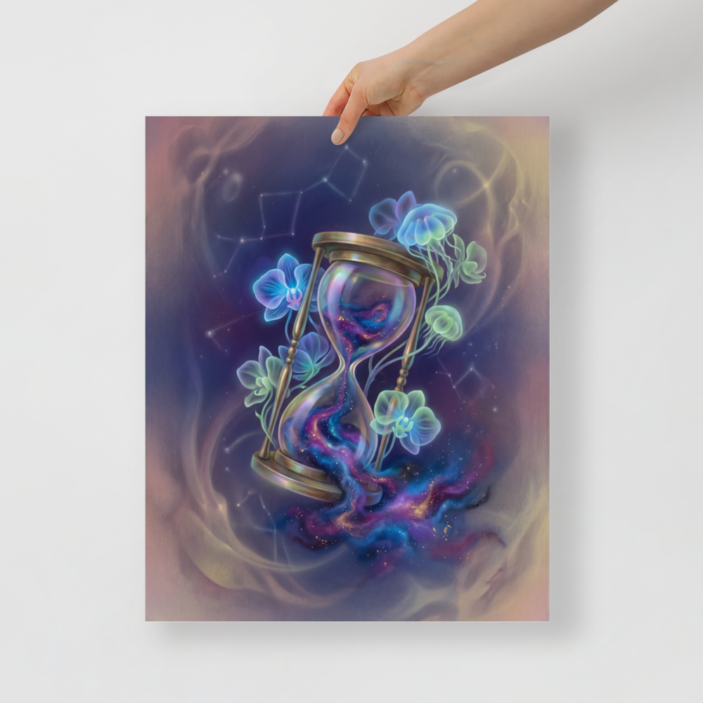 'Sands of the Nebula' — a Magic realism print. A magical brass hourglass filled with a swirling galaxy, surrounded by glowing orchids and jellyfish in a starry sky, ideal for a Bedroom.
