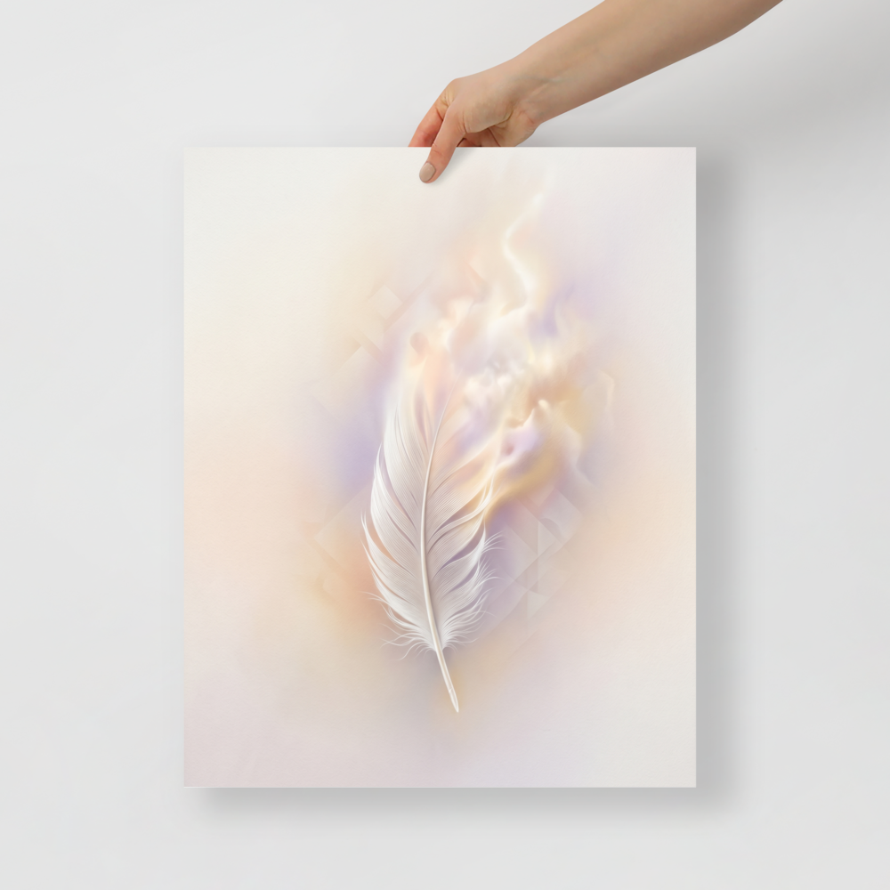'Ethereal Plume' — a Abstract art print. A single white feather seemingly floating against a soft, luminous background of pastel orange and purple with faint geometric patterns, perfect for a peaceful bedroom.