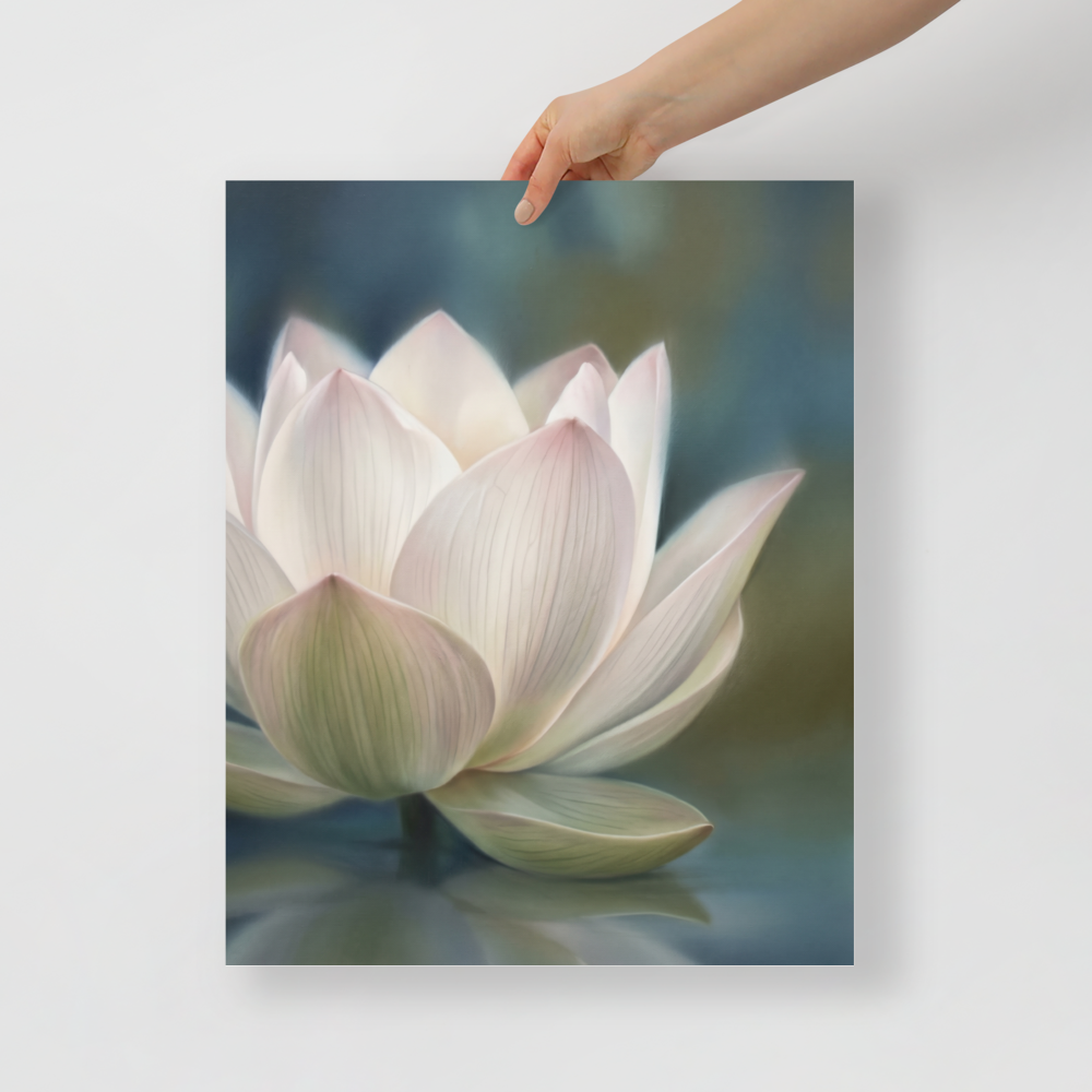 'Serene Lotus Reflection' — a Realism print. A soft, close-up painting of a pale pink and white lotus flower floating on calm, muted blue water, reflecting gently on the surface, suitable for a calm bathroom or living room.