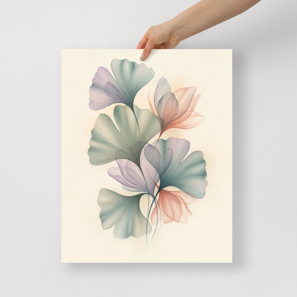 'Ethereal Ginkgo Whispers' — a Abstract art print. An elegant, translucent Airbrush illustration of ginkgo leaves overlapping in soft pastel colors, perfect for a peaceful Bedroom.