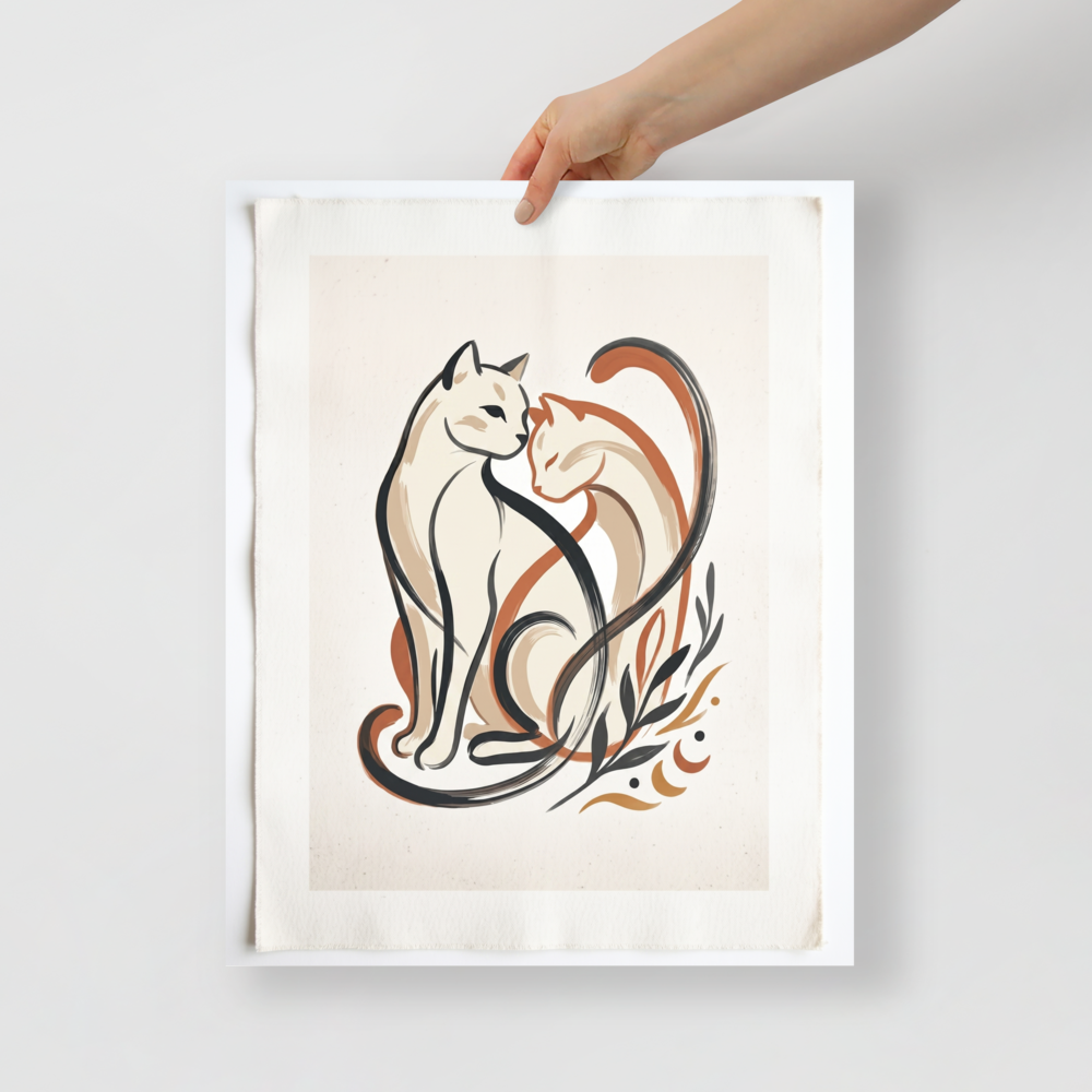'Feline Affection' — a Minimalism,Abstract art print. A minimalist vector illustration of two cats intertwining lovingly in warm tones of cream, burnt orange, and dark charcoal, accompanied by simple botanical leaf motifs. Ideal for a cozy Nursery or Living Room.