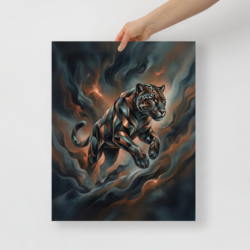 'Phantom Leap' — a Digital art print. A sleek, geometric panther leaping through dark teal and brown smoke in a modern digital art style, ideal for a living room.