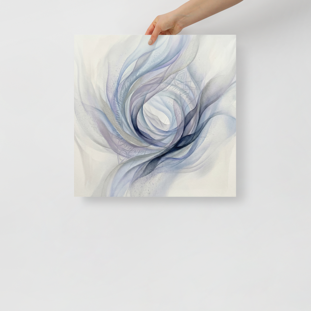 'Ethereal Whispers in the Vortex' — a Abstract art print. An abstract painting featuring swirling smoky ribbons of lavender, grey, and deep blue circling a bright white center, with faint cursive writing and patterns in the background.