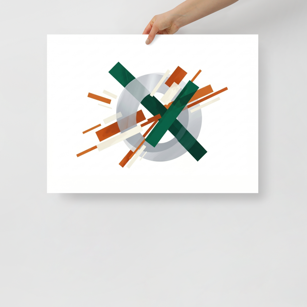 'Intersecting Perspectives' — a Suprematism print. An abstract painting of intersecting green and brown rectangular bars laid over a translucent gray circle, ideal for a modern Office.