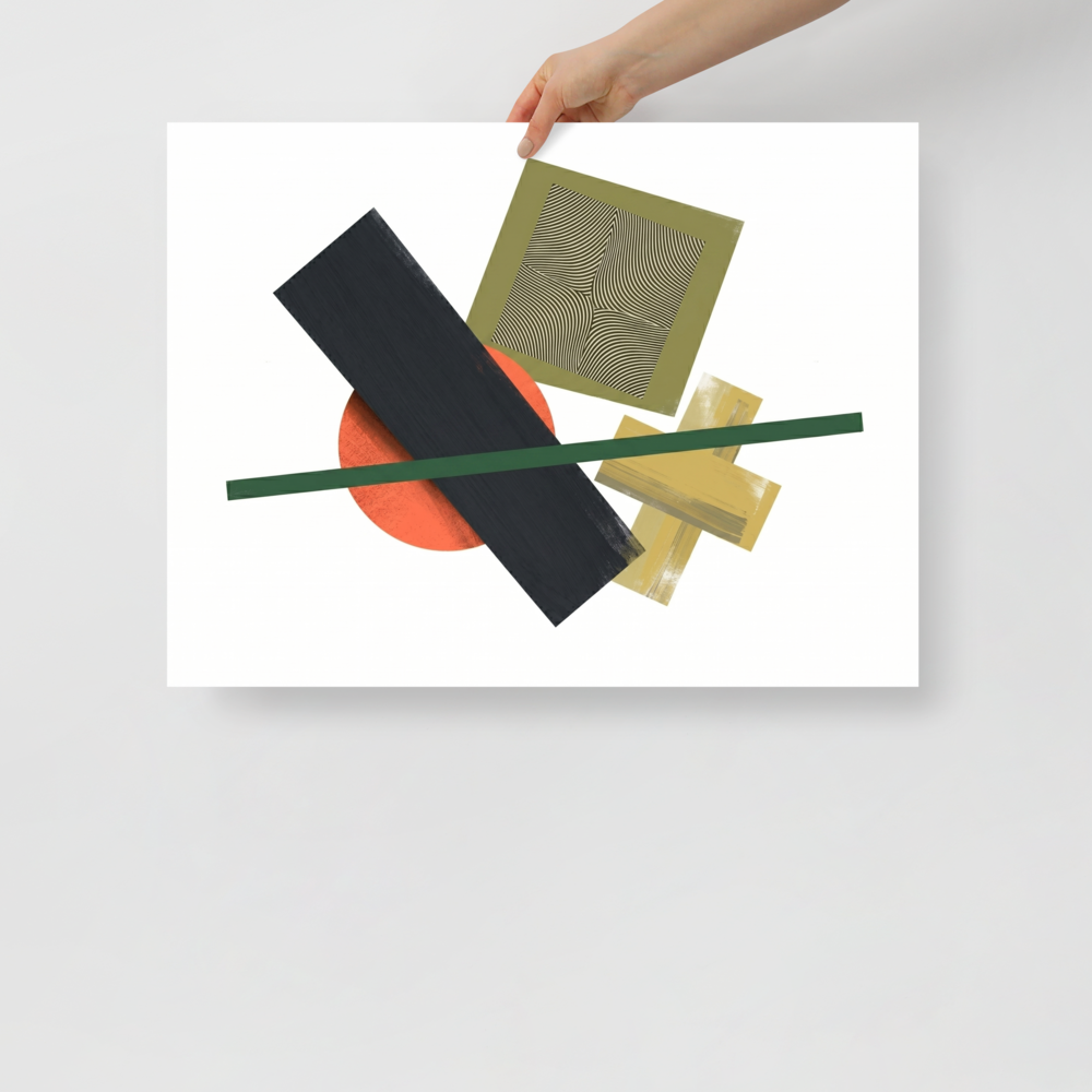 'The Geometry of Sound' — a Suprematism print. An abstract painting featuring a black rectangle, an orange circle, a green diagonal line, and a square with wavy lines, a unique focal point for a Studio.