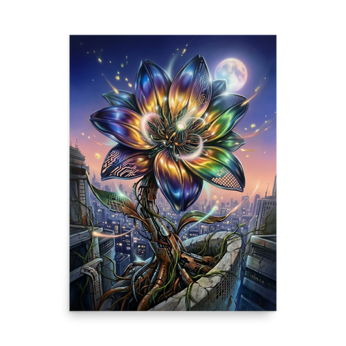 'Cybernetic Bloom' — a Digital art print. A large, glowing cybernetic flower with metallic petals and circuitry blooming out of concrete ruins in a futuristic city, perfect for a Game Room.