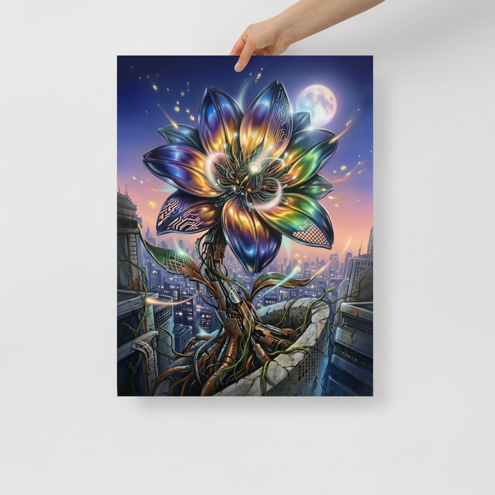 'Cybernetic Bloom' — a Digital art print. A large, glowing cybernetic flower with metallic petals and circuitry blooming out of concrete ruins in a futuristic city, perfect for a Game Room.
