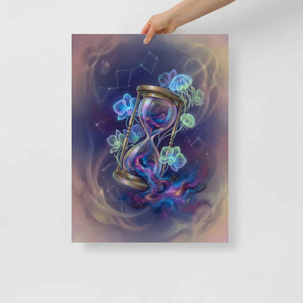 'Sands of the Nebula' — a Magic realism print. A magical brass hourglass filled with a swirling galaxy, surrounded by glowing orchids and jellyfish in a starry sky, ideal for a Bedroom.