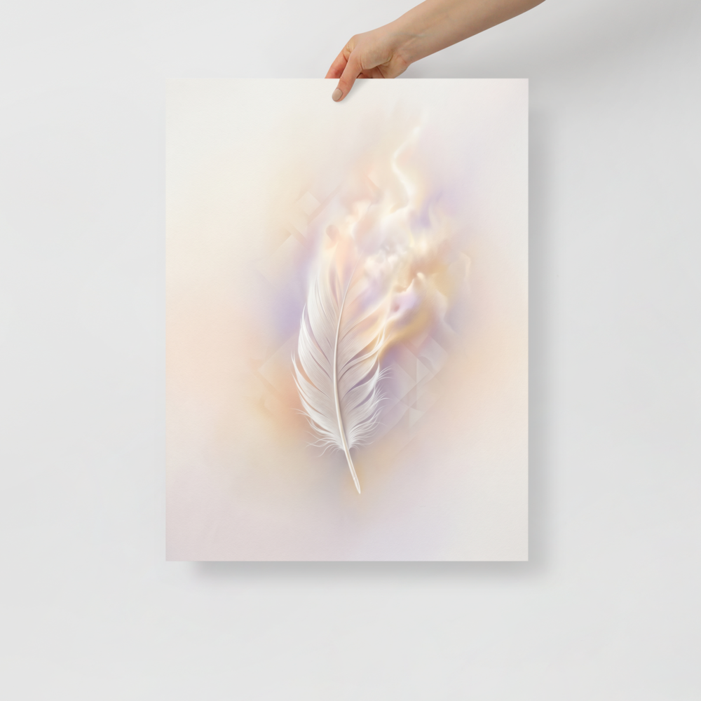 'Ethereal Plume' — a Abstract art print. A single white feather seemingly floating against a soft, luminous background of pastel orange and purple with faint geometric patterns, perfect for a peaceful bedroom.