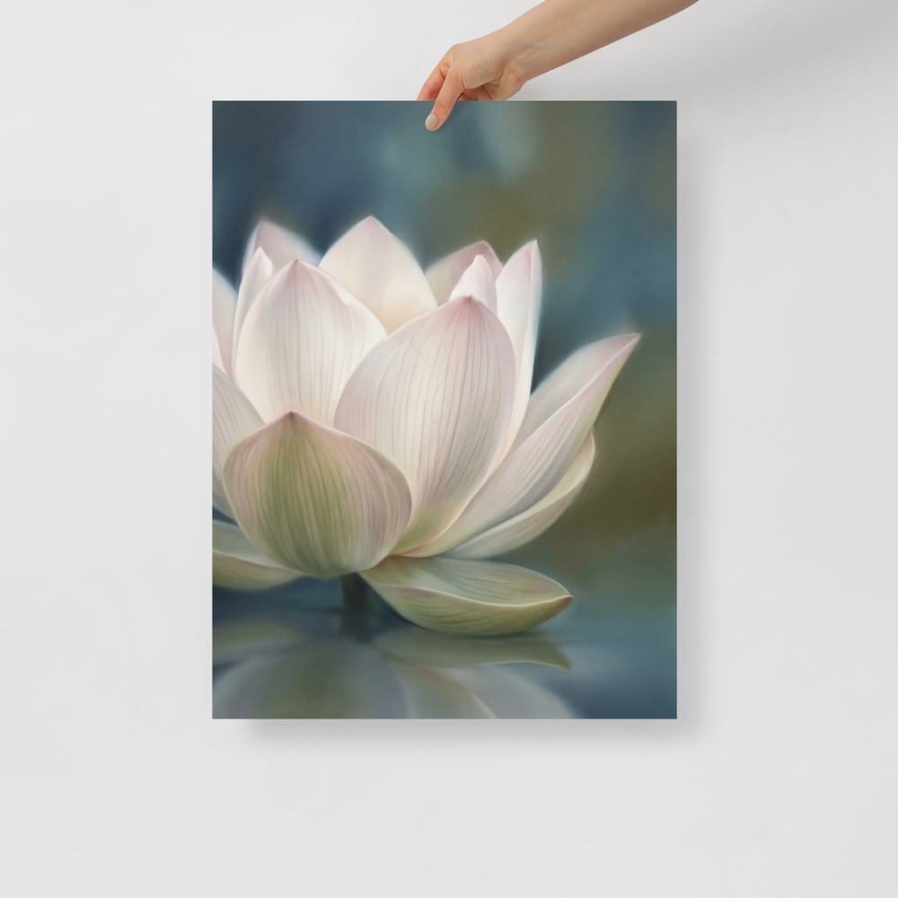 'Serene Lotus Reflection' — a Realism print. A soft, close-up painting of a pale pink and white lotus flower floating on calm, muted blue water, reflecting gently on the surface, suitable for a calm bathroom or living room.