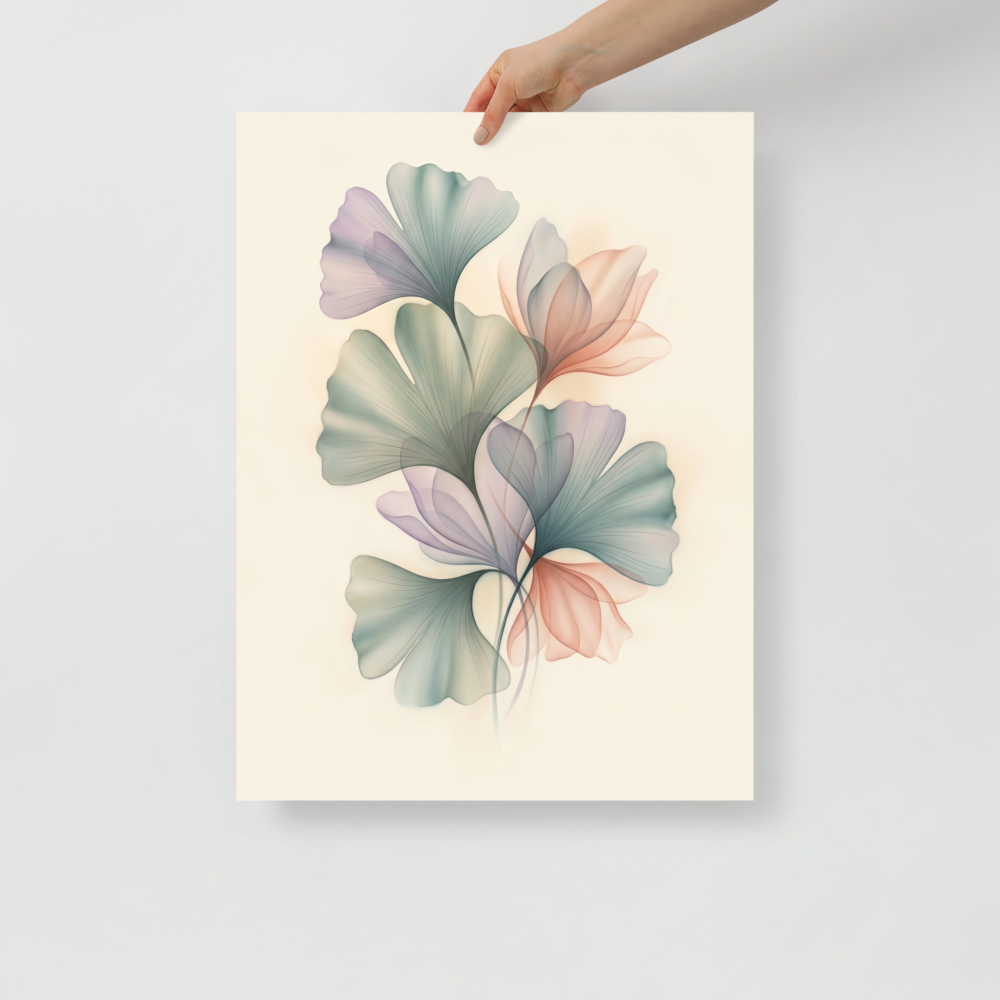 'Ethereal Ginkgo Whispers' — a Abstract art print. An elegant, translucent Airbrush illustration of ginkgo leaves overlapping in soft pastel colors, perfect for a peaceful Bedroom.