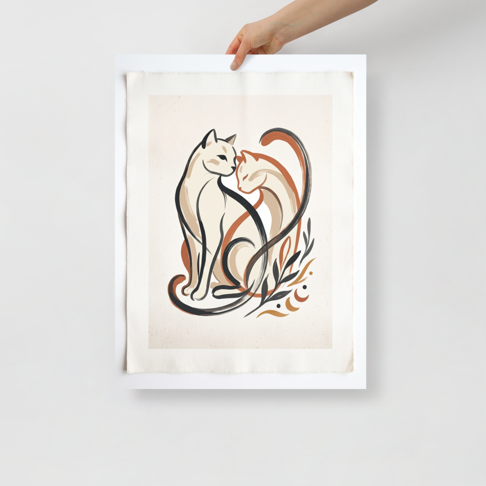 'Feline Affection' — a Minimalism,Abstract art print. A minimalist vector illustration of two cats intertwining lovingly in warm tones of cream, burnt orange, and dark charcoal, accompanied by simple botanical leaf motifs. Ideal for a cozy Nursery or Living Room.