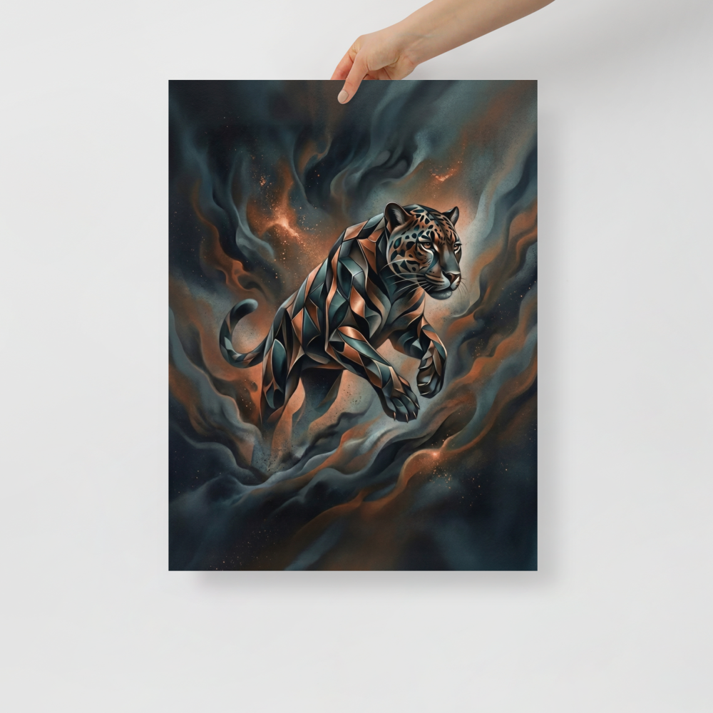 'Phantom Leap' — a Digital art print. A sleek, geometric panther leaping through dark teal and brown smoke in a modern digital art style, ideal for a living room.