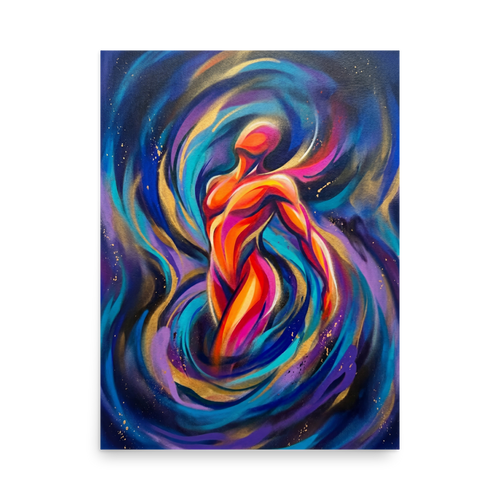 'Cosmic Pulse' — a Psychedelic art print. A glowing, abstract human figure swirling in vibrant neon pink, orange, and blue energy, suitable for a creative studio.