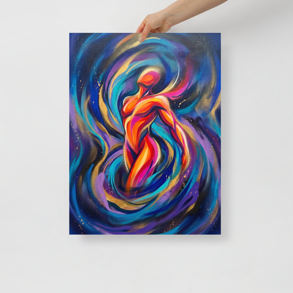'Cosmic Pulse' — a Psychedelic art print. A glowing, abstract human figure swirling in vibrant neon pink, orange, and blue energy, suitable for a creative studio.