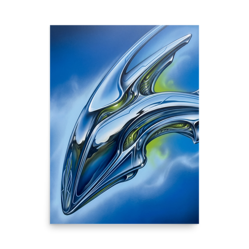 'Chrome Horizon' — a Retrofuturism print. A sleek, futuristic chrome biomechanical structure against a bright blue sky, perfect for a modern game room.