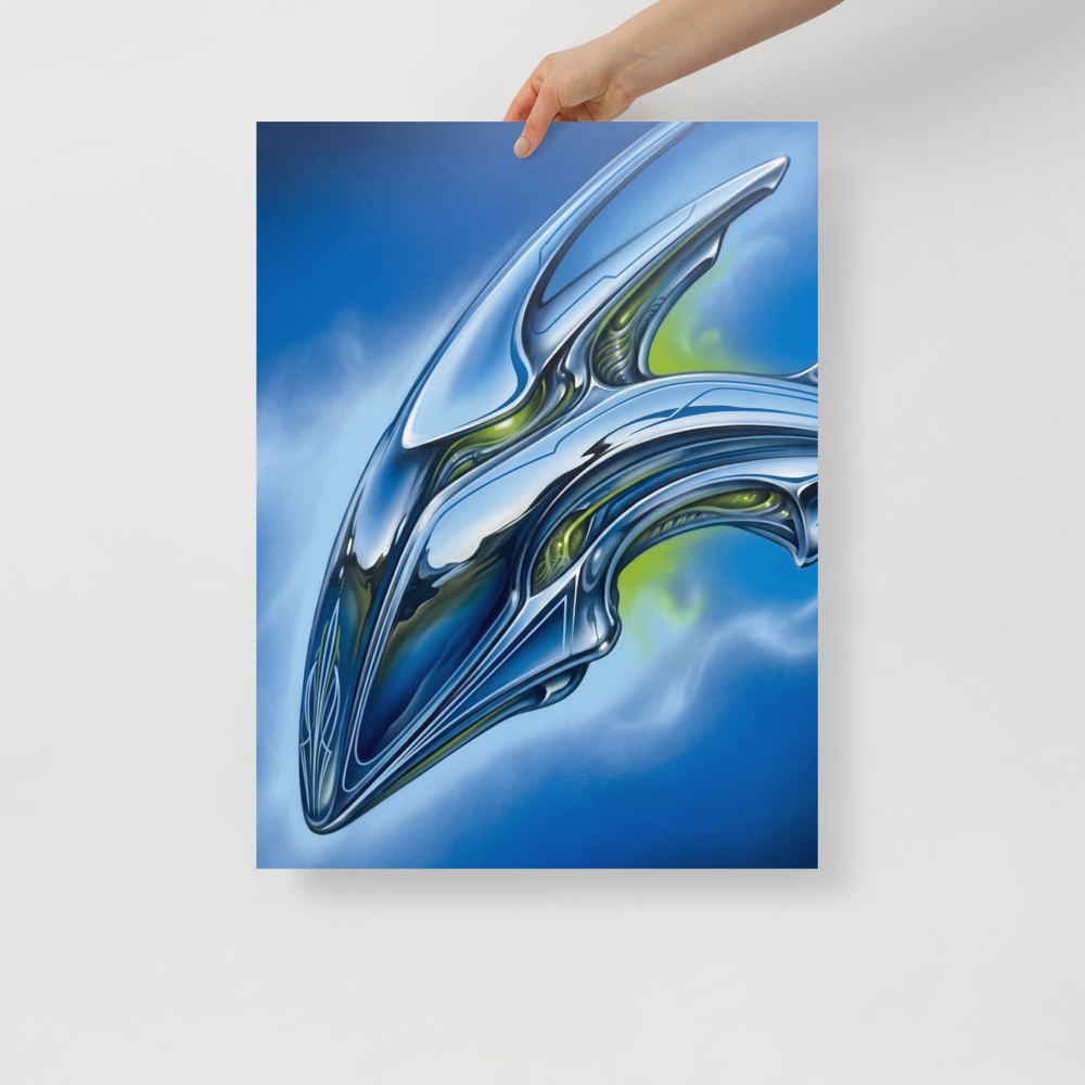 'Chrome Horizon' — a Retrofuturism print. A sleek, futuristic chrome biomechanical structure against a bright blue sky, perfect for a modern game room.
