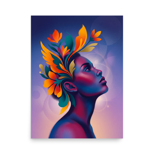 'Blossoming Thoughts' — a Surrealism print. A vibrant, surreal profile portrait of a woman with colorful floral shapes blooming from her mind, perfect for a creative studio.