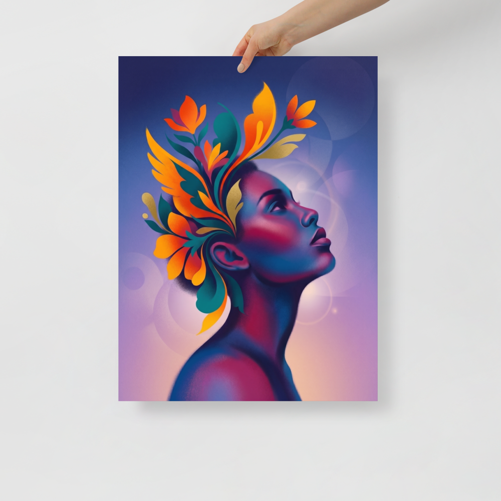 'Blossoming Thoughts' — a Surrealism print. A vibrant, surreal profile portrait of a woman with colorful floral shapes blooming from her mind, perfect for a creative studio.