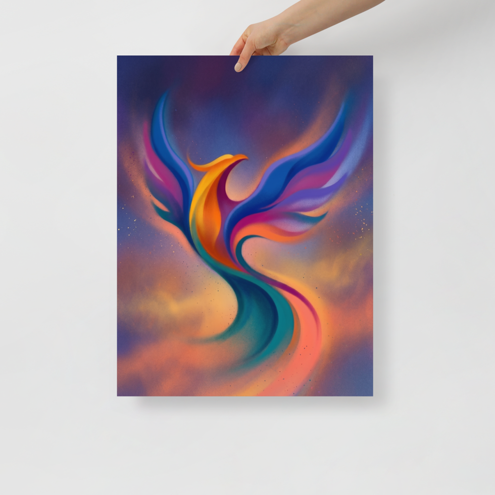 'Flight of Rebirth' — a Abstract art print. An abstract, colorful phoenix rising gracefully against a soft, misty background, ideal for a living room.