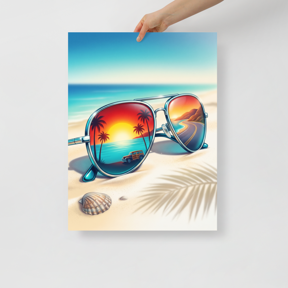 'Sunset Reflections' — a Photorealism print. Aviator sunglasses on a sandy beach, reflecting a vintage car driving along a coastal road at sunset, perfect for a game room.