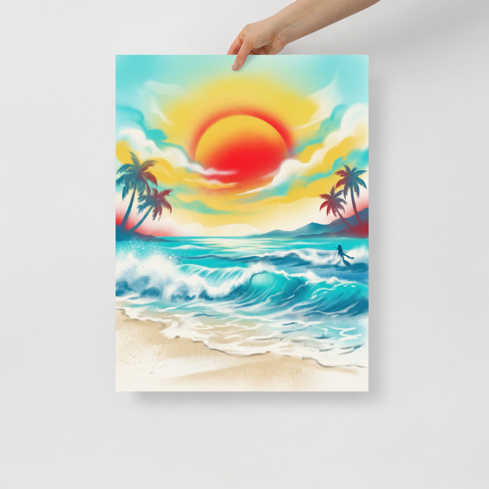 'Tropical Sunburst' — a Pop art print. A retro, airbrushed painting of a bright tropical sunset over crashing waves and palm trees, adding a lively touch to any sunroom.