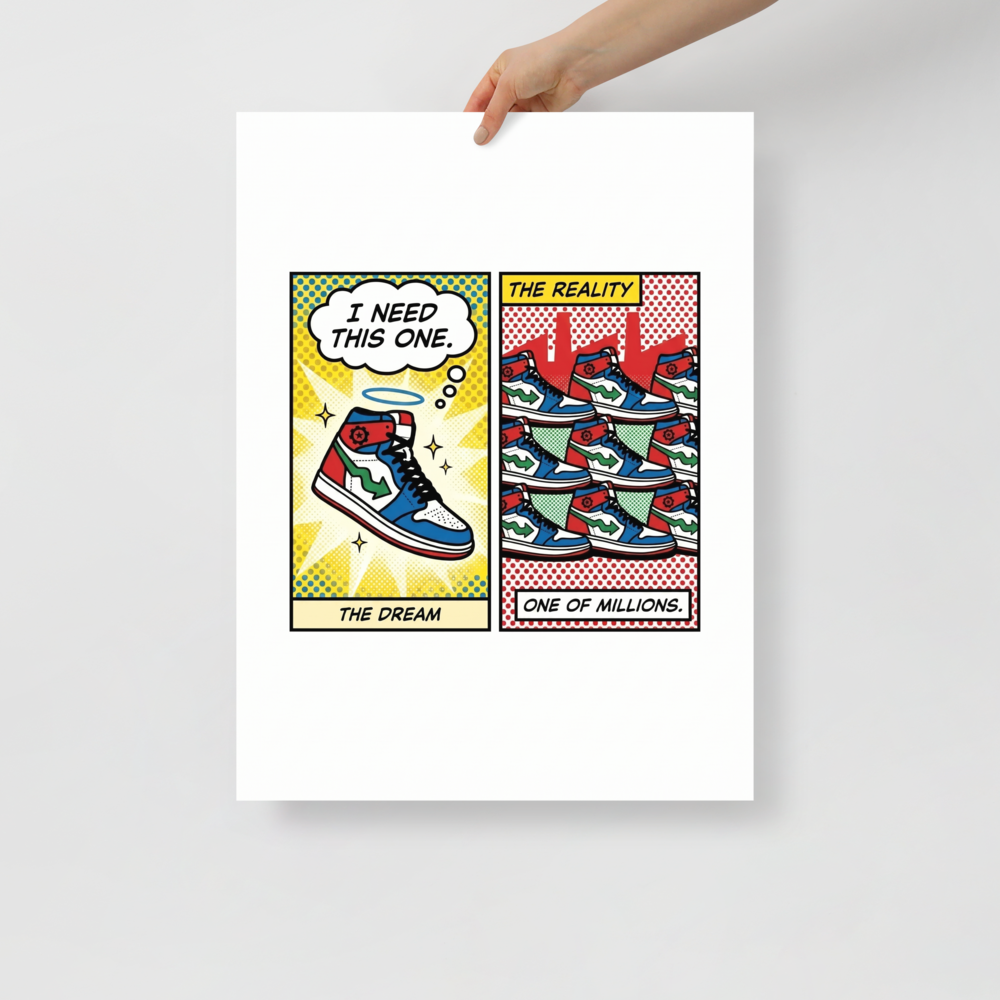 'The Sneaker Illusion' — a Pop art print. A pop art diptych contrasting a single glowing sneaker with a mass-produced pile, making an energetic statement for a Game Room.