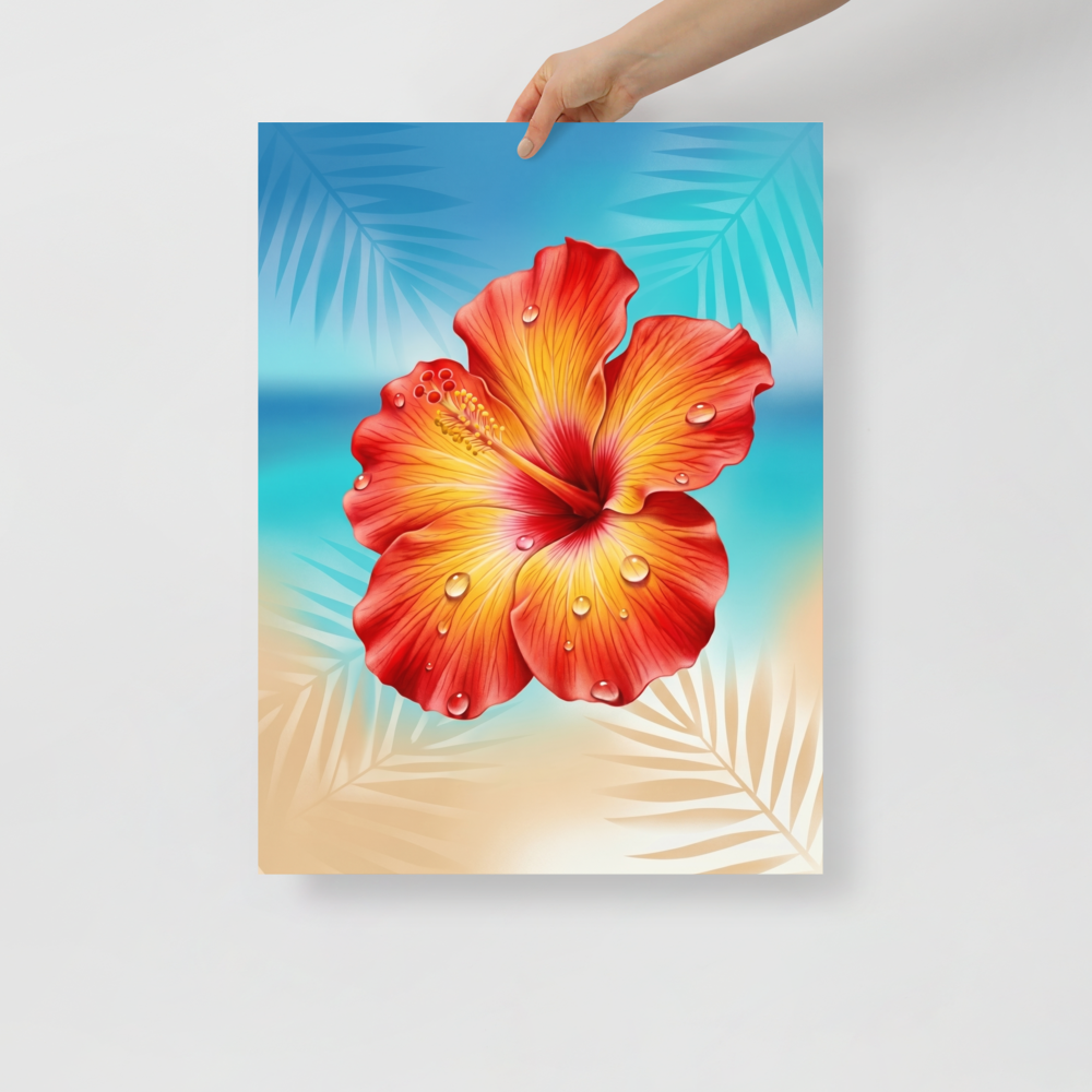 'Radiant Hibiscus' — a Realism print. A highly detailed close-up of a vibrant orange and red hibiscus flower with water droplets, bringing life to a Sunroom / Conservatory.