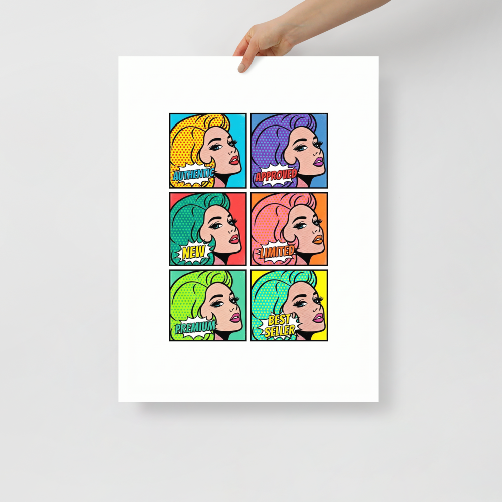 'The Six Faces of Consumerism' — a Pop art print. A pop art style grid of six colorful portraits of a woman with marketing buzzwords, perfect for adding a bright focal point to a Living Room.