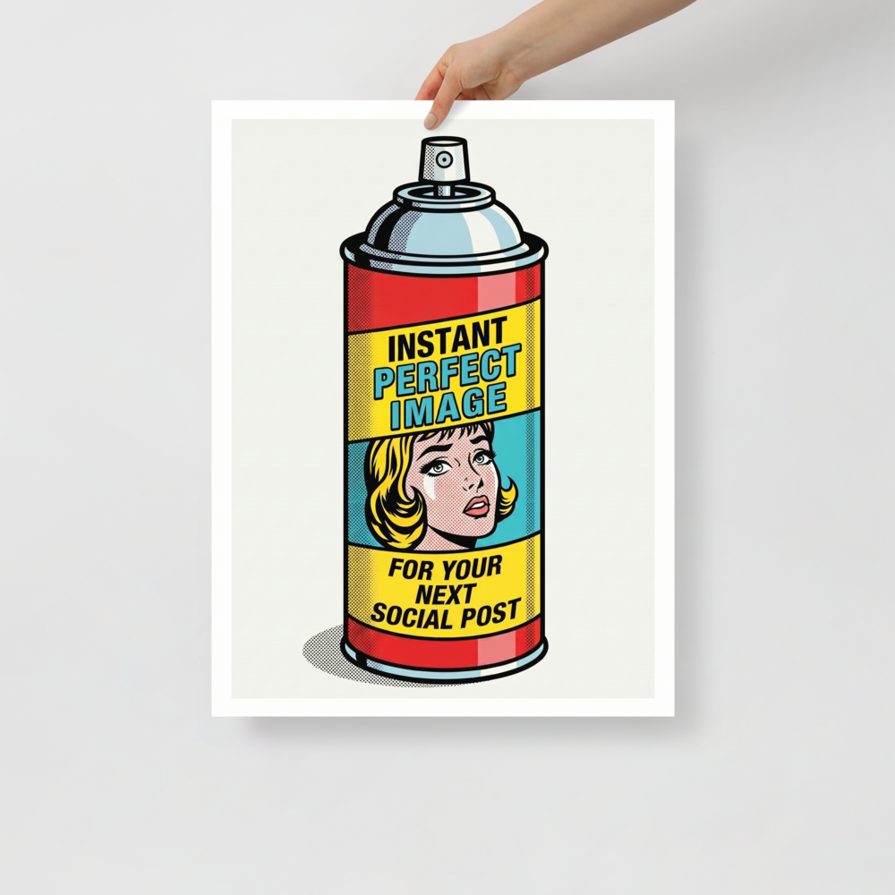 'Canned Perfection' — a Pop art print. A vintage spray can labeled 'Instant Perfect Image' featuring a crying comic woman, adding ironic charm to an Office or Bedroom.