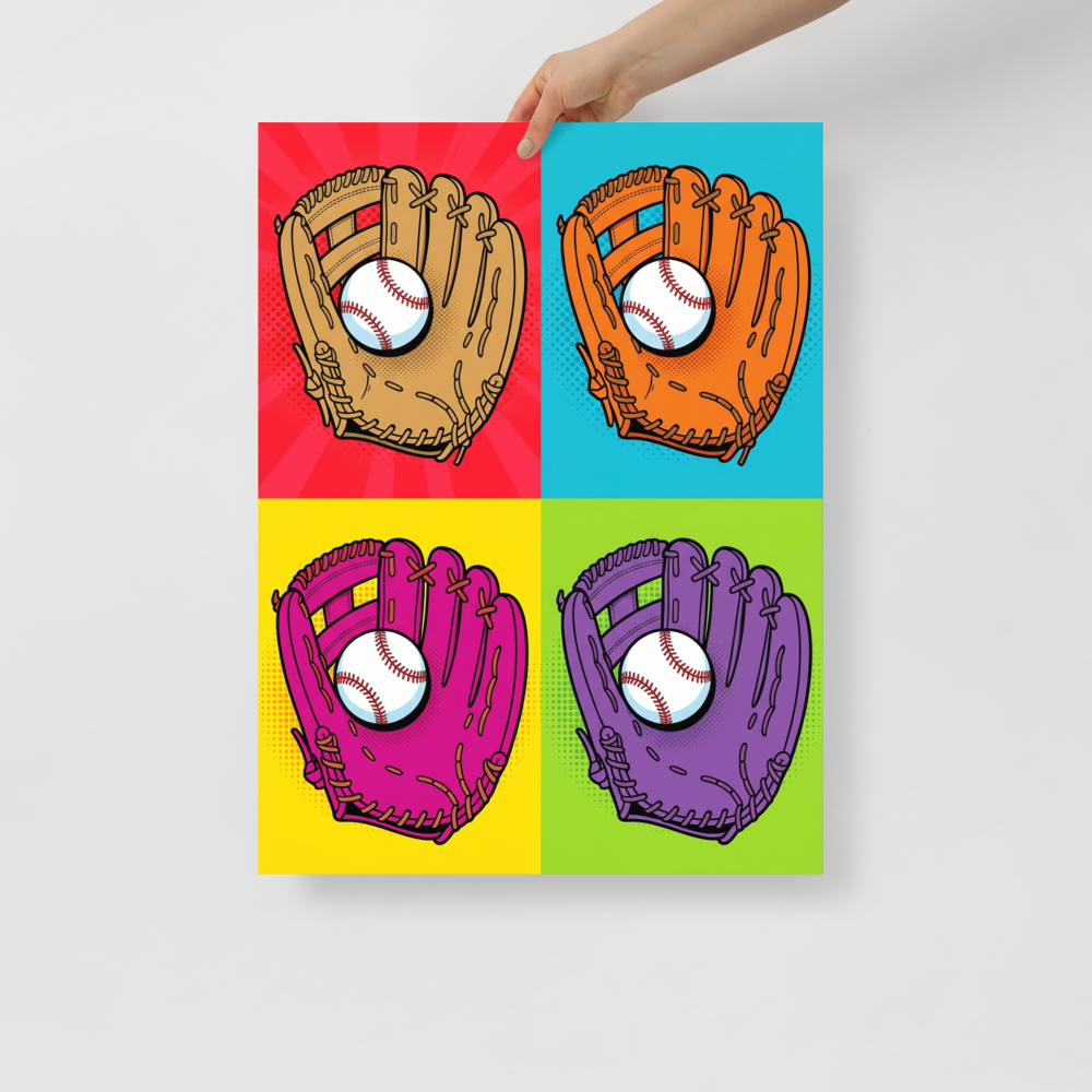 'Four Seam Pop' — a Pop art print. A pop art grid of four baseball gloves in different vibrant colors against contrasting backgrounds, a great addition to a game room.
