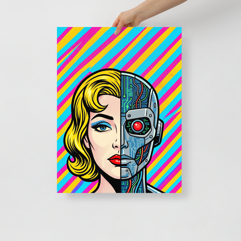 'Synthetic Beauty' — a Pop art print. A split portrait showing a vintage comic book woman on one side and a robotic cyborg face on the other, an intriguing piece for a modern office.