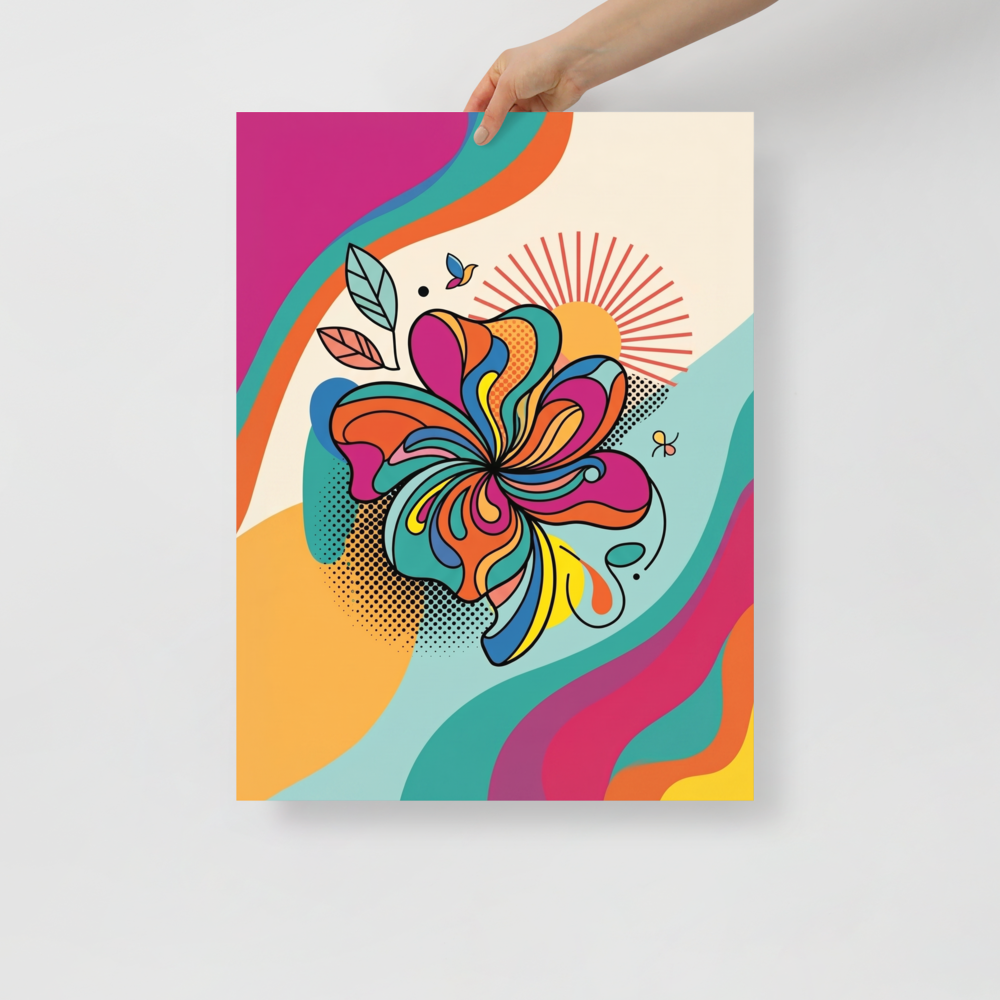 'Psychedelic Petals' — a Pop art print. A psychedelic, pop art illustration of a flower with vibrant, wavy petals, perfect for adding energy to a game room.