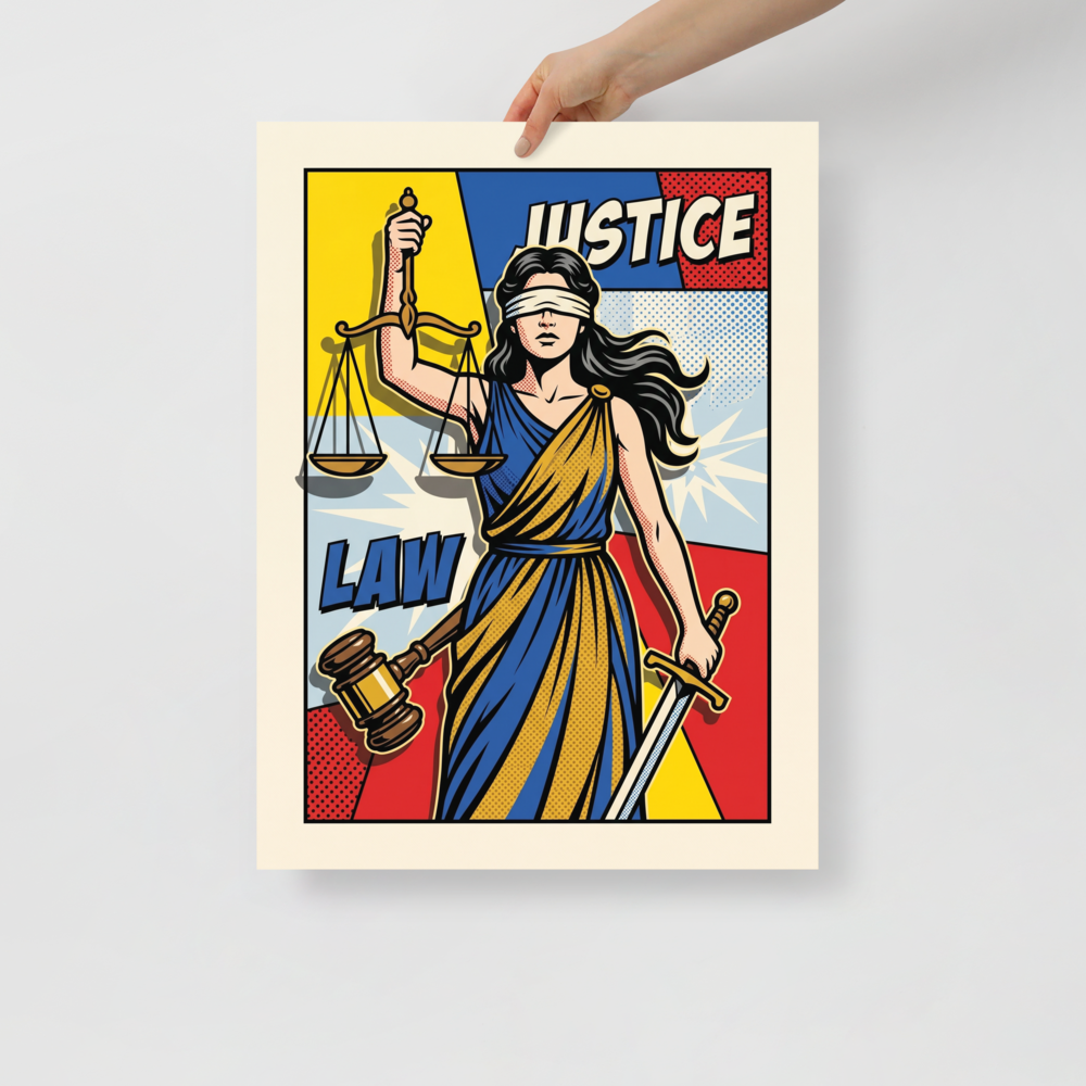 'Pop Art Justice' — a Pop art print. A bold, pop art illustration of Lady Justice holding scales and a sword, an excellent addition to an office.