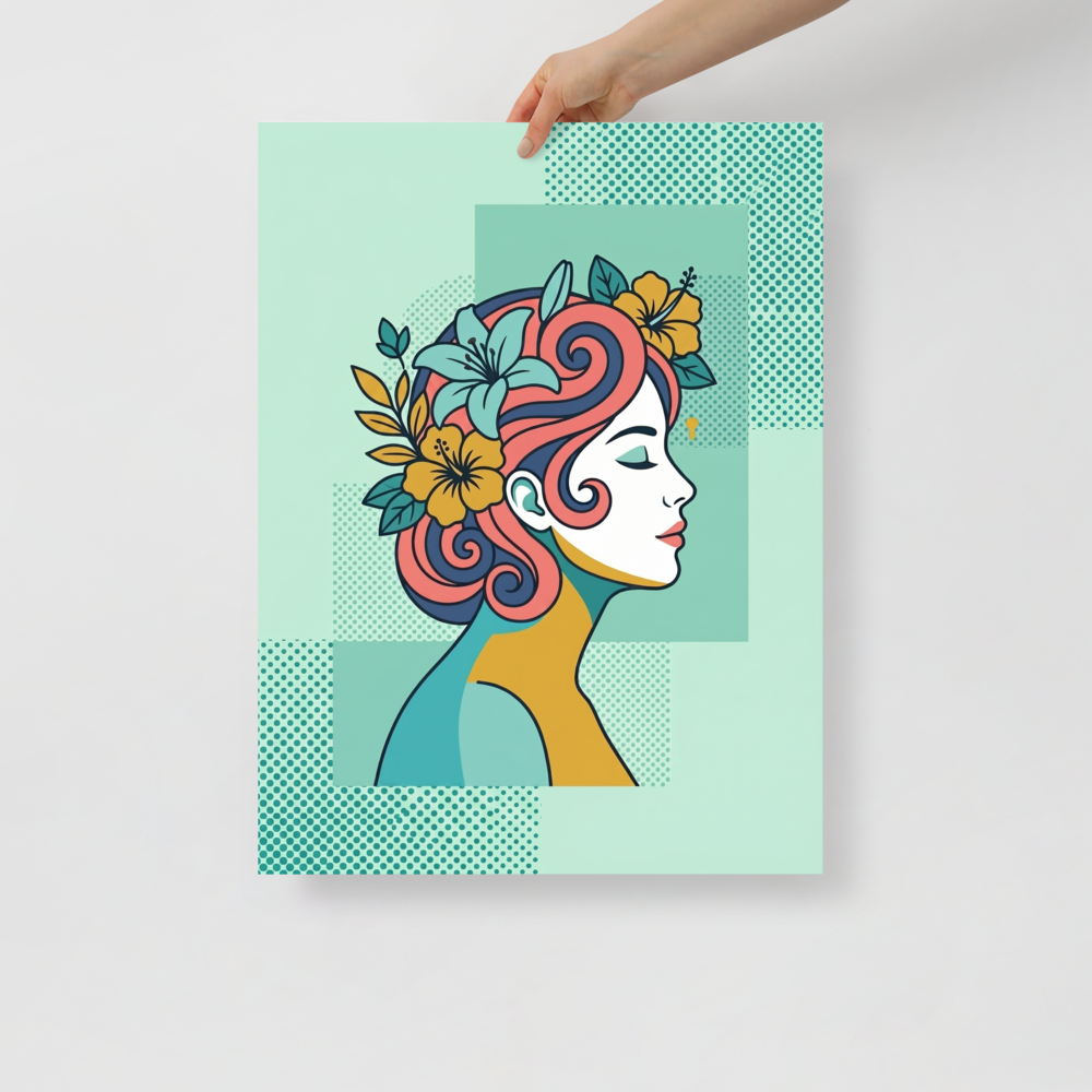 'Tropical Flow' — a Pop art print. A stylized pop art profile of a woman with flowing hair and tropical flowers, adding a dreamy touch to a bedroom.