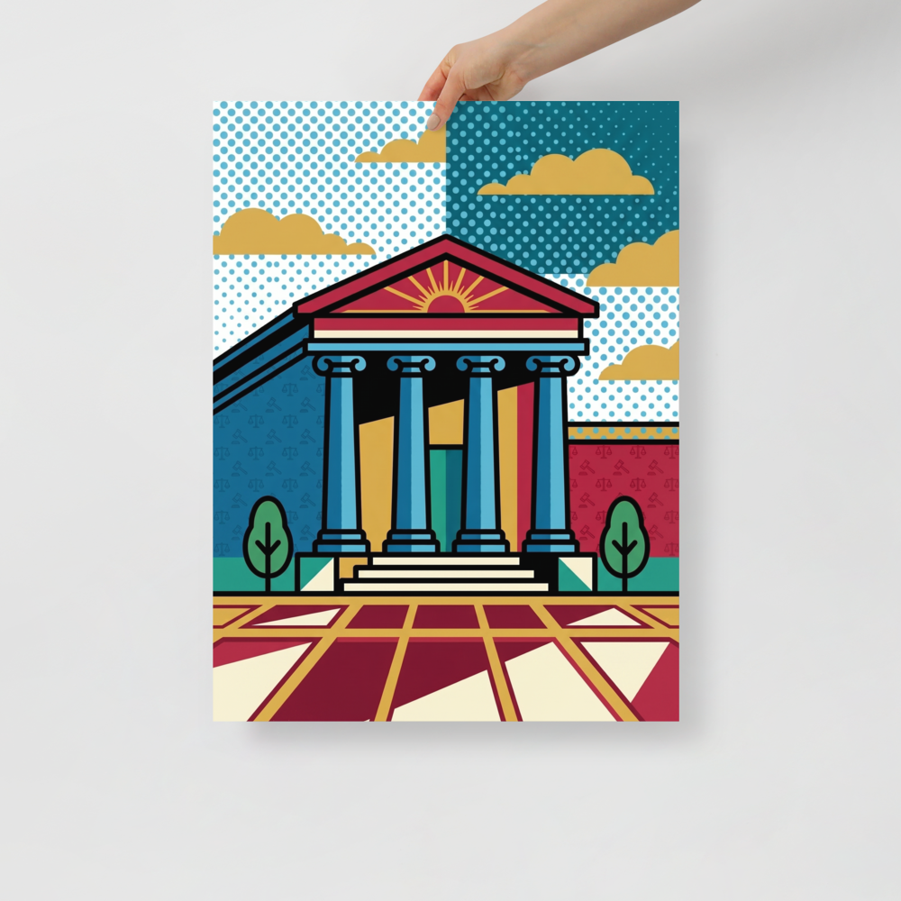 'Pop Art Courthouse' — a Pop art print. A colorful, pop art illustration of a classical courthouse building with halftone patterns, ideal for a home office.
