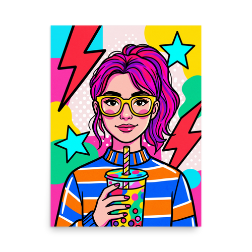 'Boba Pop' — a Pop art print. A vibrant pop art portrait of a woman with pink hair drinking bubble tea, a lively piece for a game room.