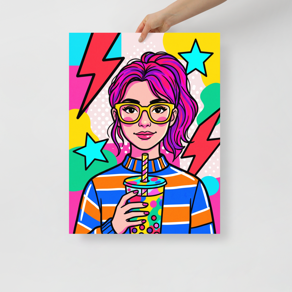 'Boba Pop' — a Pop art print. A vibrant pop art portrait of a woman with pink hair drinking bubble tea, a lively piece for a game room.