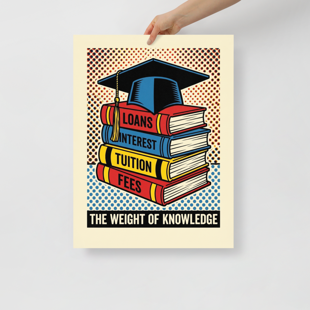 'The Weight of Knowledge' — a Pop art print. A bold pop art illustration of stacked books labeled with student expenses and a graduation cap, perfect for a library.