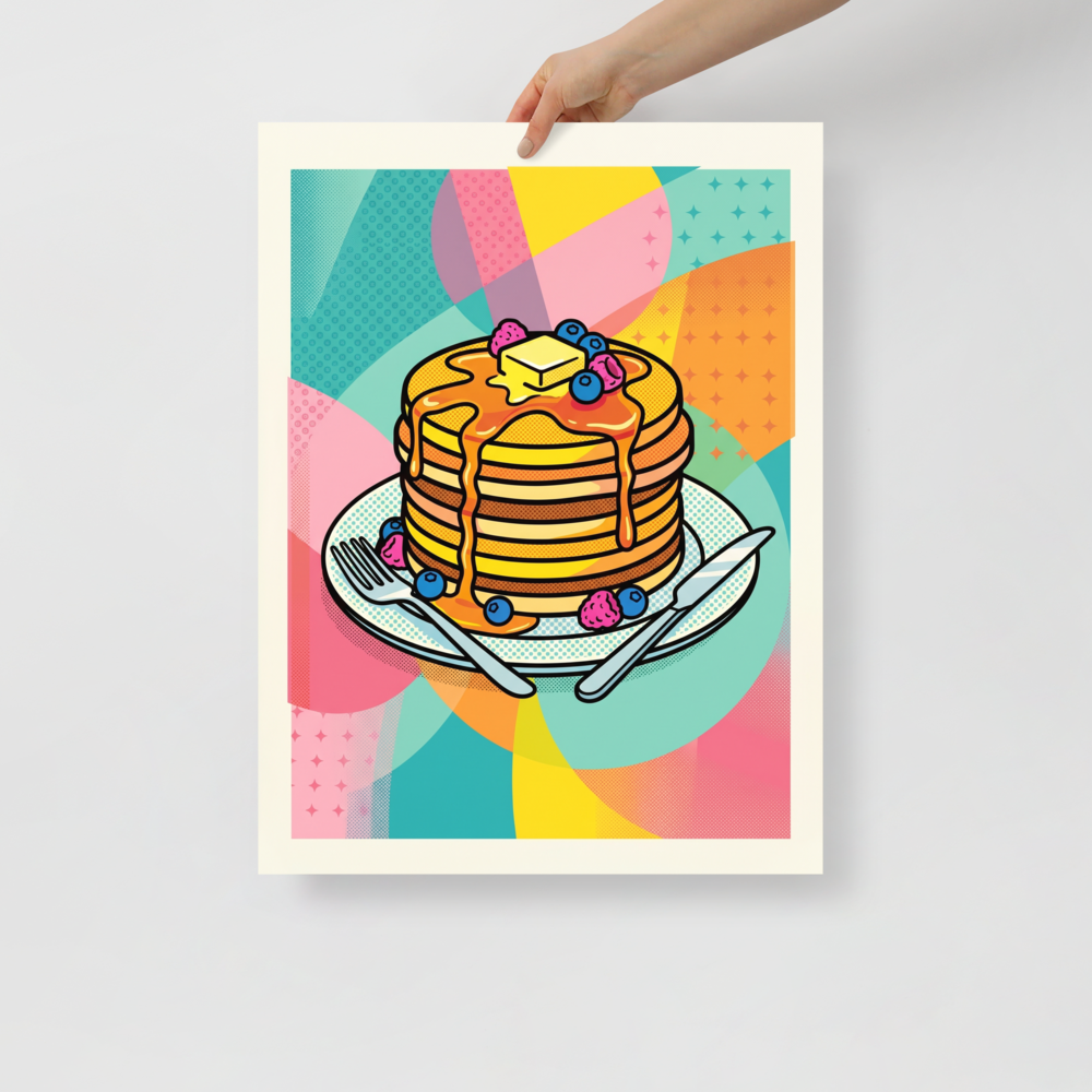 'Pop Pancakes' — a Pop art print. A colorful pop art illustration of a stack of pancakes with syrup and berries against a geometric background, perfect for a lively dining room.