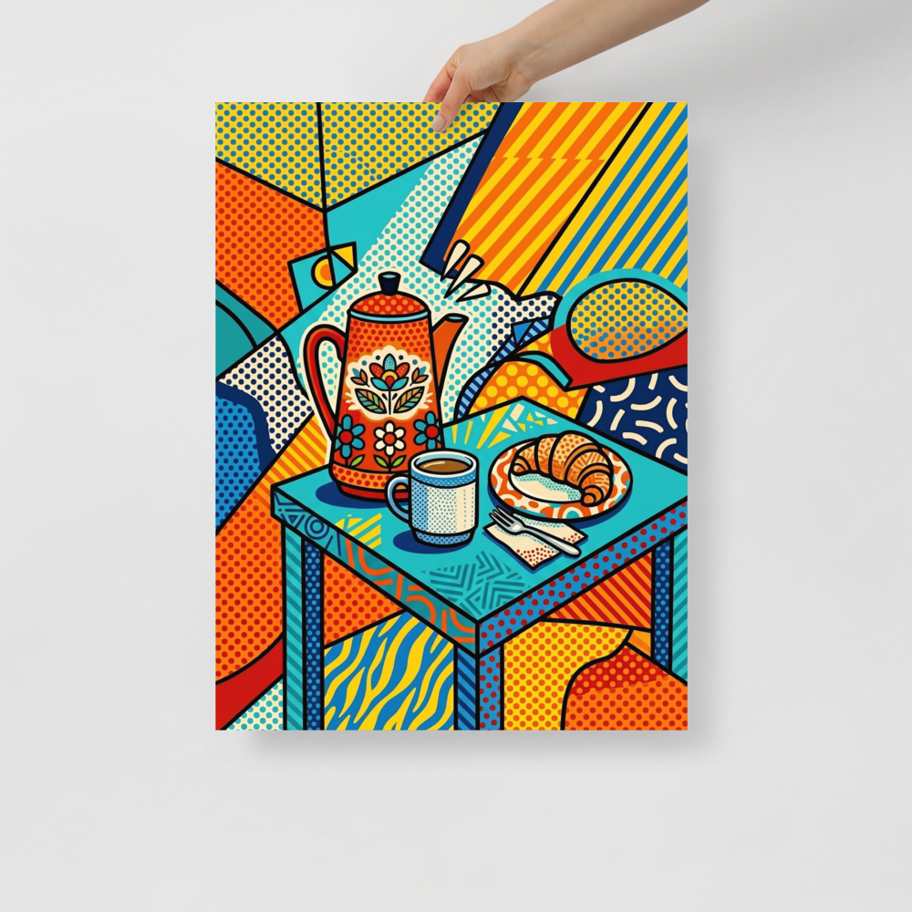 'Morning Halftone' — a Pop art,Cubism print. A vivid pop art still life featuring a floral coffee pot, mug, and croissant on a table, styled with halftone patterns for a modern kitchen.