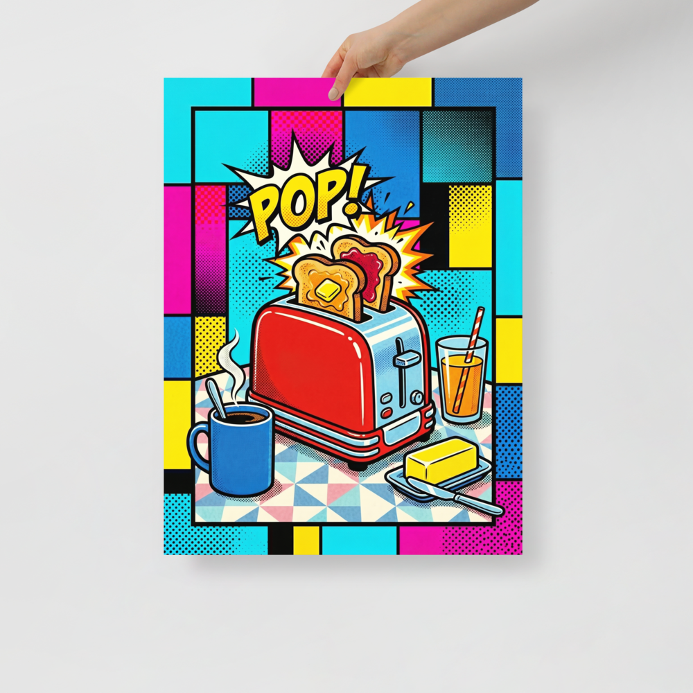 'Pop Goes the Toast' — a Pop art print. A colorful pop art image featuring a red toaster popping toast, a coffee mug, and orange juice against a vibrant grid background, perfect for a kitchen.